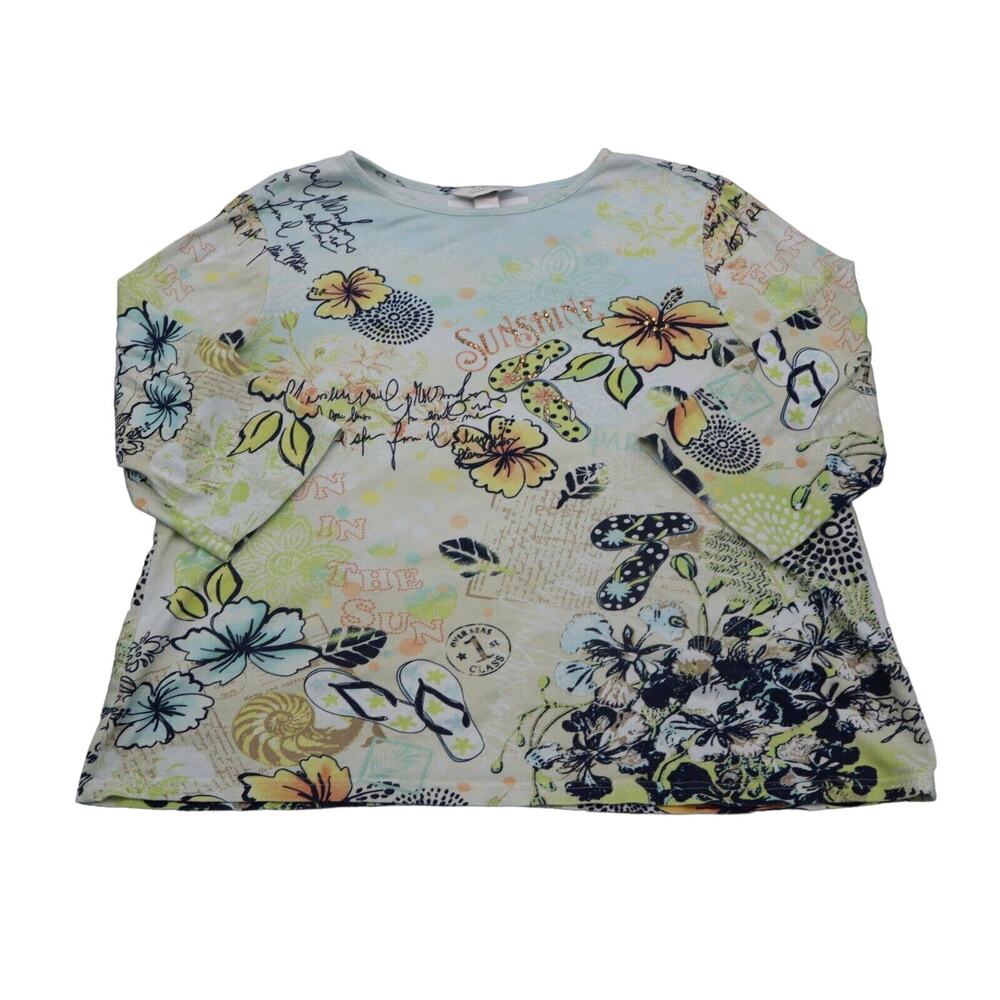 CJ Banks Shirts Womens X White Floral Quarter Sleeve Round Neck Casual Blouse